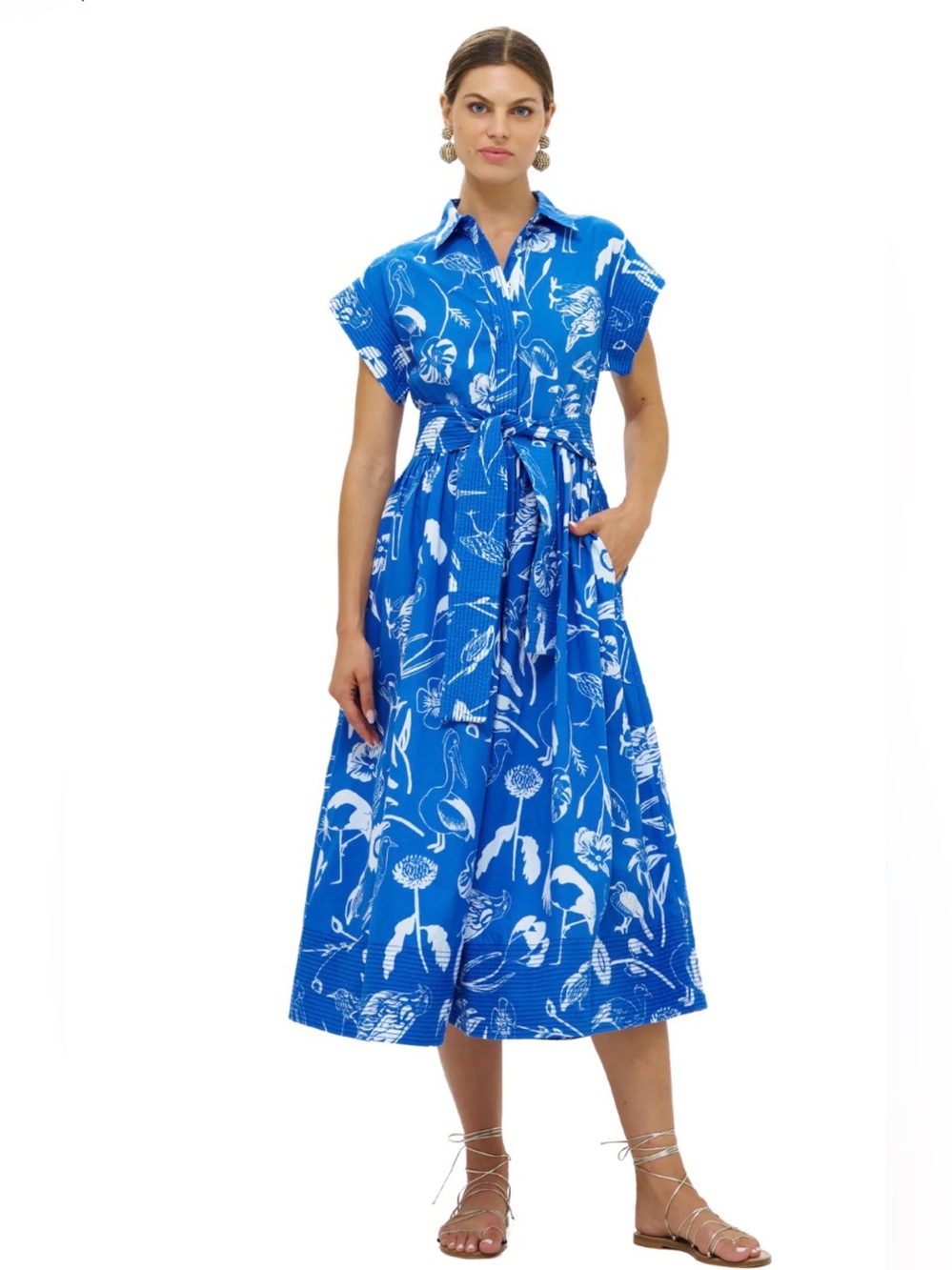 Oliphant Blue and White Floral Midi Shirt Dress with Tie Waist